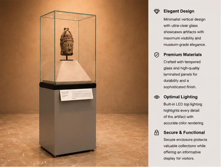 Feature close-up of tall vertical UV-block glass, pyramid suede pedestal, front info label panel of upright heritage kiosk