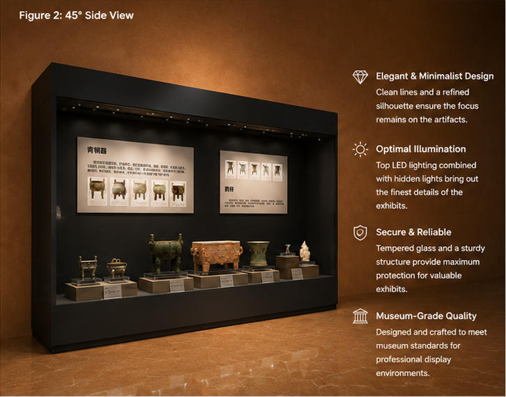 Close-up of low iron exhibit cabinet glass, built-in warm LED, solid single relic display plinth inside aluminum museum kiosk