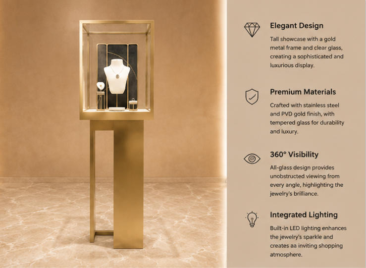 45° oblique render tall gold vitrine floor jewel tower necklace display stand black fabric backdrop asymmetry jewel plinth feature labels