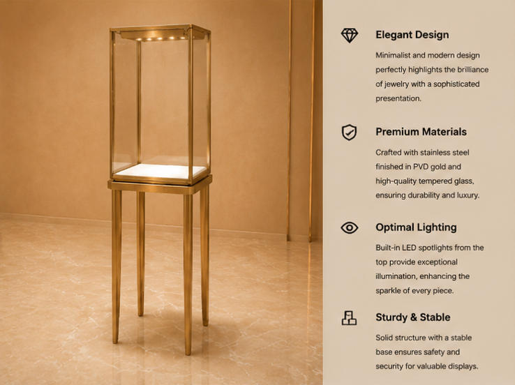 45° render tall slim vitrine two-leg jewel plinth top light tower narrow floor pedestal minimalist glass stand functional labels