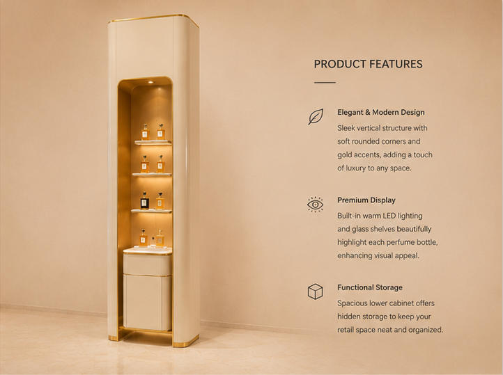 45° oblique view narrow wall perfume stand with English selling feature labels