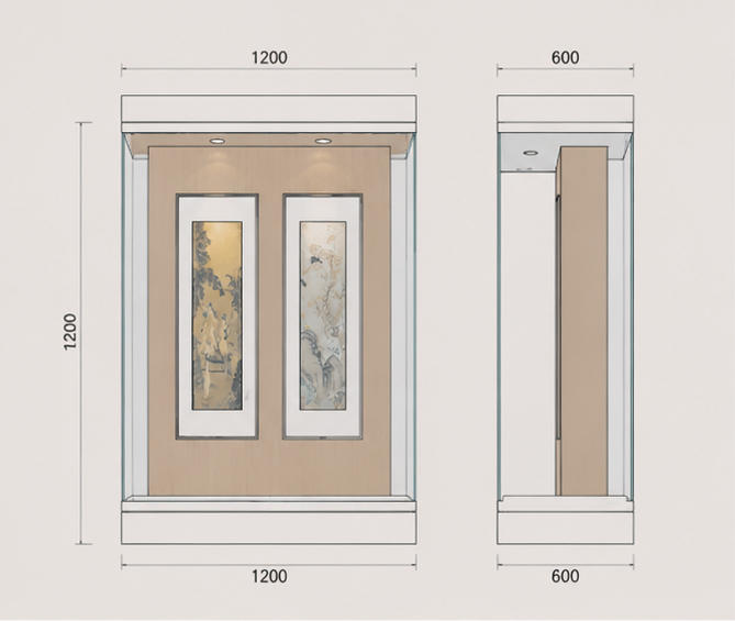 CAD layout vertical scroll art vitrine wood backdrop painting booth wall hung artwork case dual scroll exhibit unit recess spotlight heritage cabinet dimension drawing