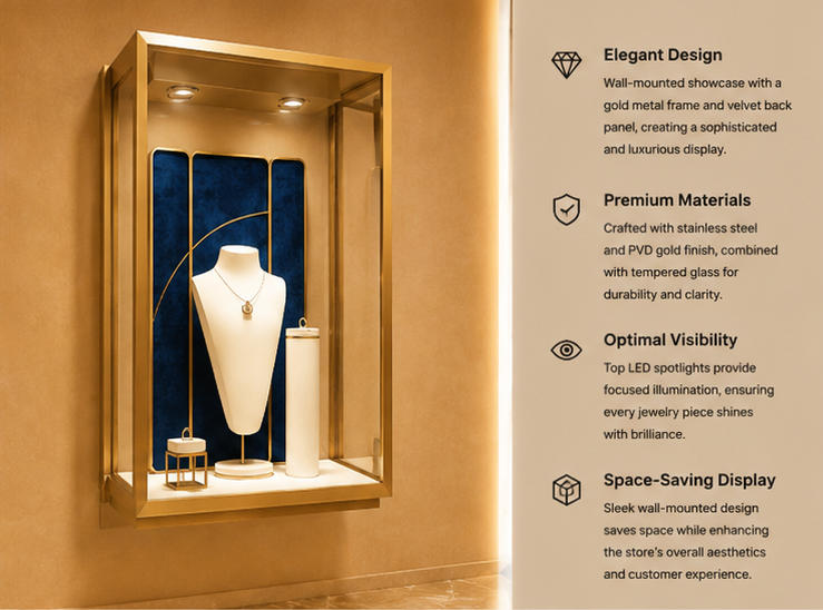 45° render wall jewel vitrine gold frame wall case blue silk backdrop necklace bust stand wall mounted booth functional labels