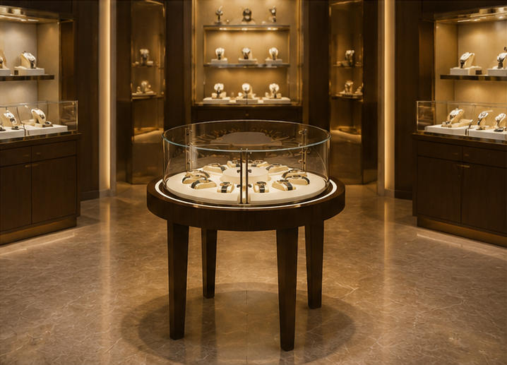Real installation ash wood island watch vitrine inside luxury watch boutique center