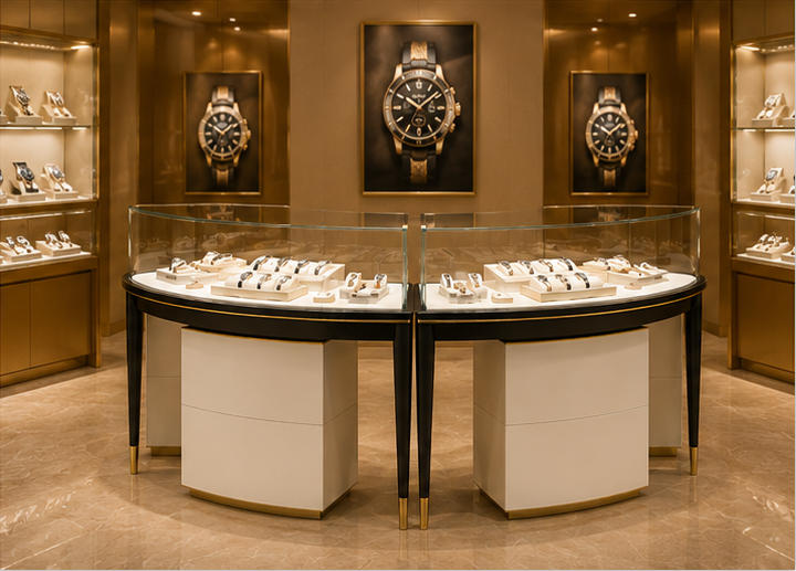 Real shot wood watch cabinet installed on boutique interior wall