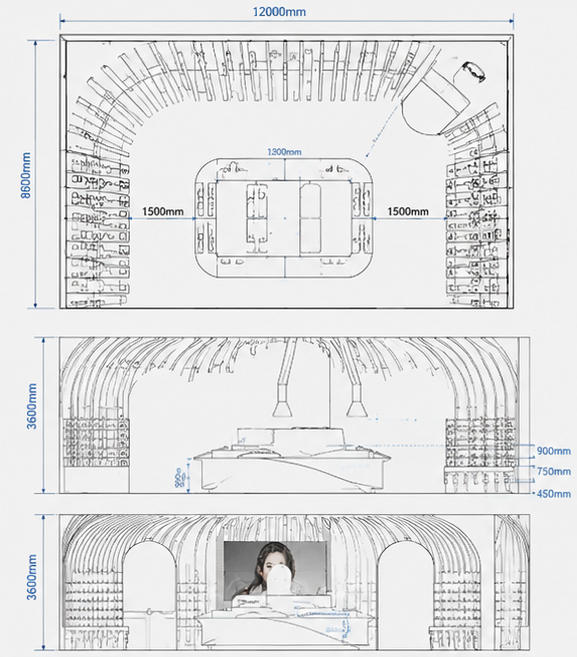 CAD drawing full curved ceiling optical shop wave central optician island arc wall eyewear rack backlit curve display counter