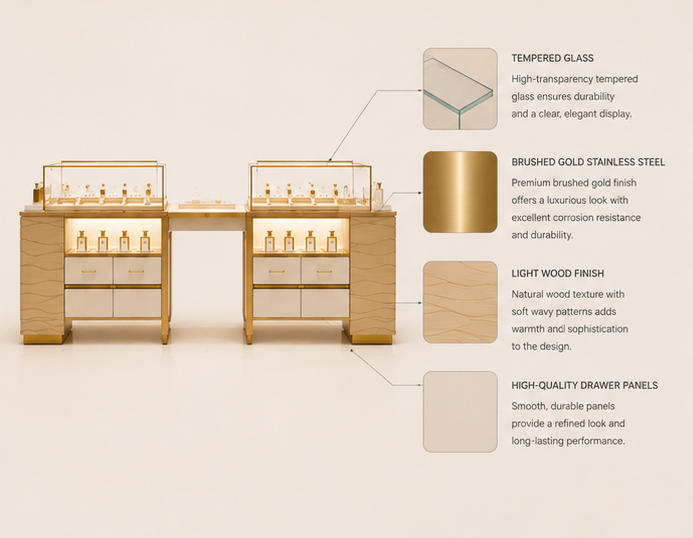 Close-up gold trim glass for retail scent counter