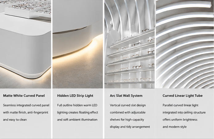 Close-up matte white curved cabinet hidden bottom LED arc slat eyewear shelf curved ceiling linear light strip