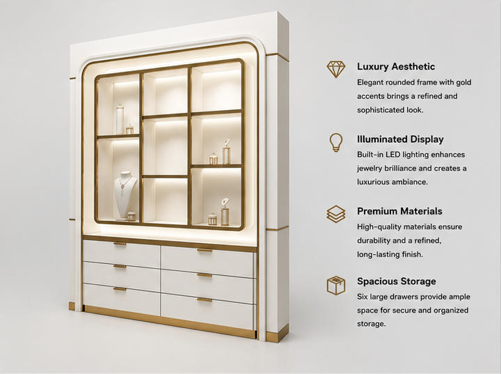45 Degree Full Render of Curved Gold Trim Jewelry Wall Unit