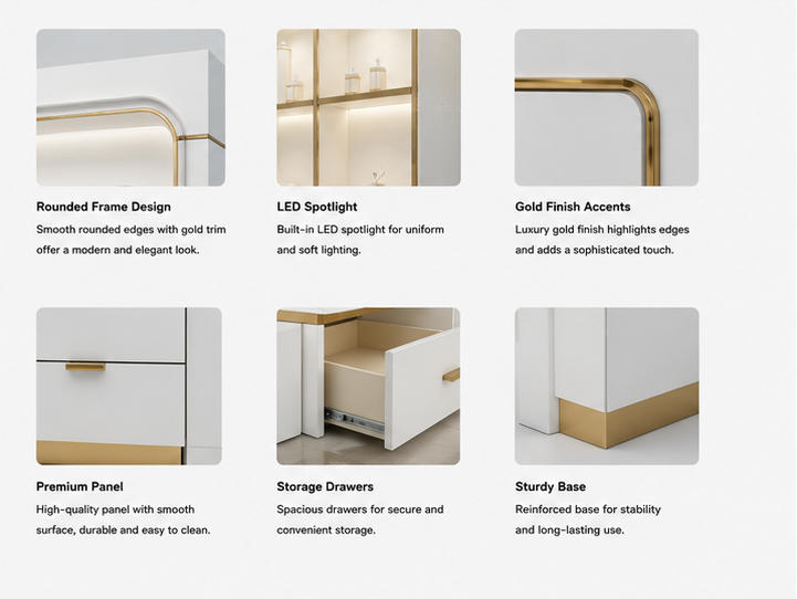 Material & Craft Close-up of Curved Gold Trim Grid Wall Cabinet