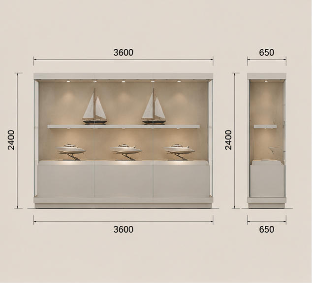 CAD layout white dual-deck vitrine sailboat model booth clear tier shelf case light grey marine unit freestanding yacht cabinet dimension drawing