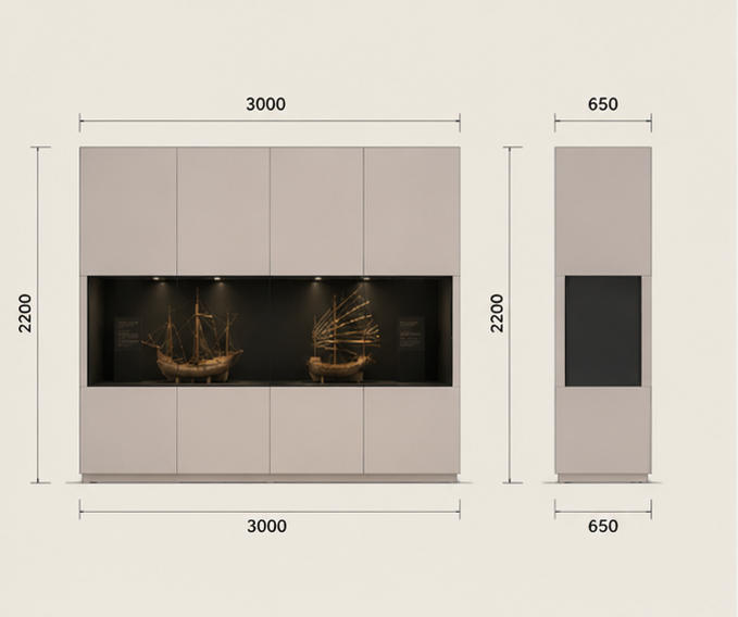 CAD layout ship model vitrine black liner boat booth white frame exhibit case horizontal marine unit closed storage heritage cabinet dimension drawing