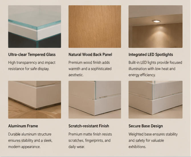 Material close-up matte white integrated wall-mounted frame, solid natural wood grain rear panel, UV filtering clear glass for wood backdrop painting booth recess spotlight heritage cabinet