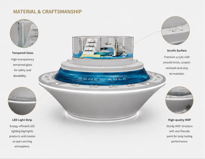 Close-up matte white curved cabinet surround hidden LED transparent central glass dome printed ocean graphic panel