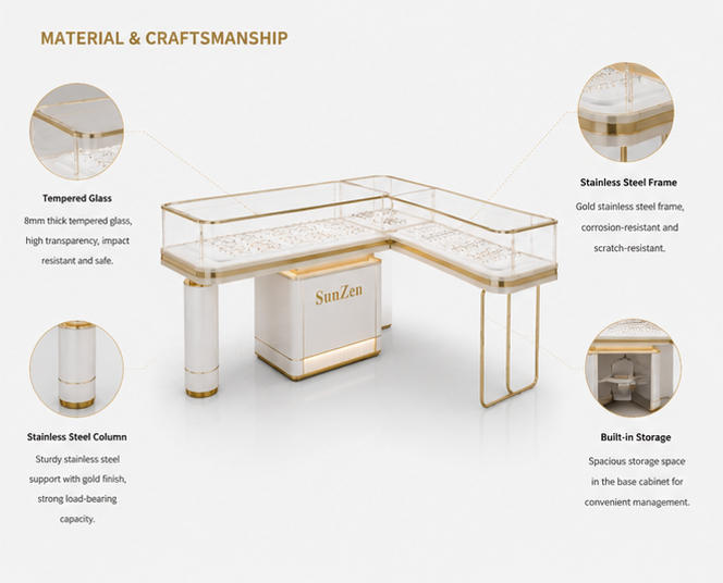 Close-up brushed gold glass enclosure vertical cylinder support ribbed LED logo storage cabinet