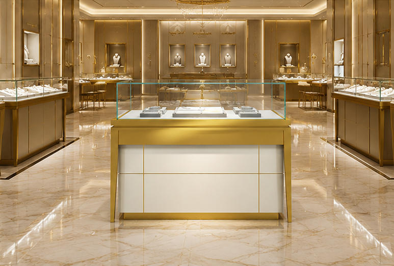 Real Installation Shot Of Gold Frame White Drawer Base Jewelry Horizontal Display Counter In White Light Luxury Fine Jewelry Flagship Store Main Central Aisle Zone