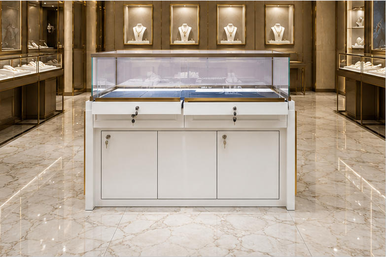 Real Installation Shot Of Multi-lock Pull-out Glass Jewelry Lockable Display Counter In White Light Luxury Fine Jewelry Boutique Front Desk Sales Zone