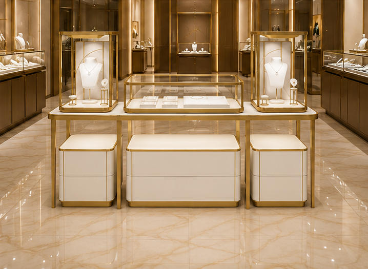 Real Installation Shot Of Modular Multi-unit Jewelry Combined Display Set In White Light Luxury Fine Jewelry Boutique Window Central Display Island Zone