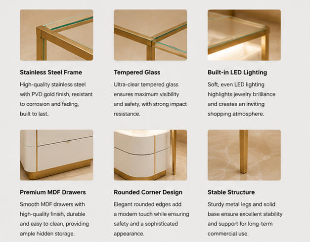 Close-up mirror thin gold leg thin leg glass case matte white split base cabinet edge trim twin display island frame texture