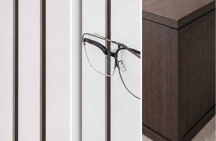 Close-up matte white vertical slat partition thin metal frame holder dark solid wood central counter texture