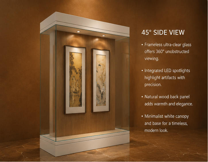 Close-up low iron UV anti-reflection front glass, natural wood grain backdrop, built-in recessed ceiling spotlights inside vertical scroll art vitrine dual scroll exhibit unit