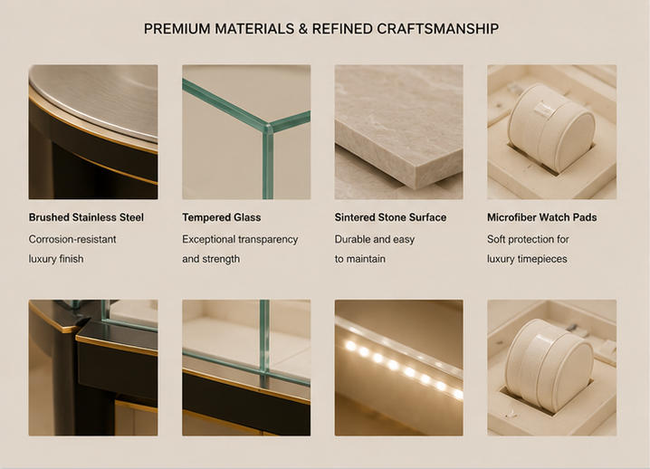 Close-up solid wood panel matte alloy frame tempered glass led strip detail