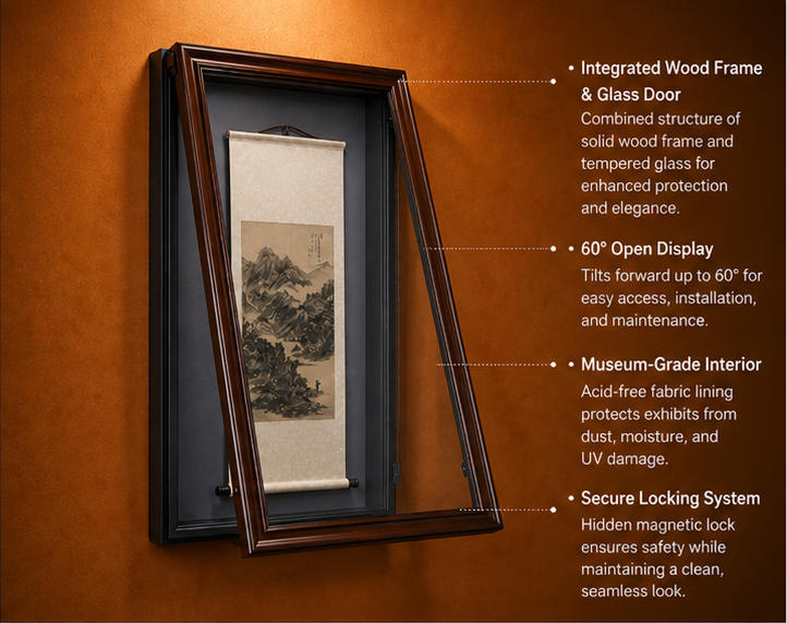 Wood Frame Wall Museum Exhibit Case Vertical Scroll Vitrine Render