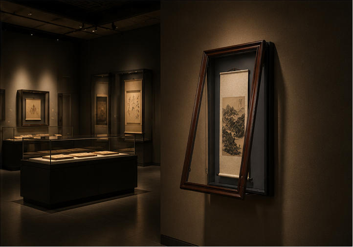 On-site Wall Installation Shot Of Solid Wood Frame Scroll Museum Exhibit Case In Traditional Chinese Painting Gallery