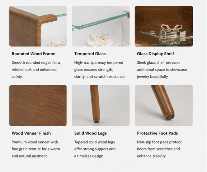 Material & Craft Close-up of Curved Frame Dual Glass Jewelry Wood Glass Side Table