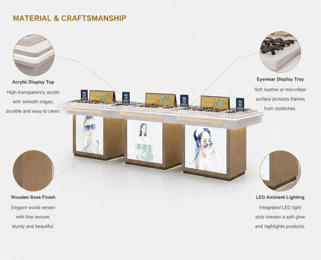 Close-up natural wood veneer cabinet side transparent backlit poster lightbox edge recessed warm LED strip white countertop