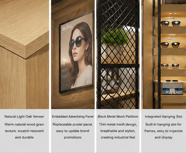 Close-up light timber display counter embedded advertising poster panel black metal mesh wall eyewear storage cabinet
