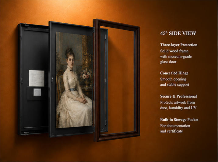 Museum Wall Display Case Side Hinge Wood Frame Scroll Cabinet Render