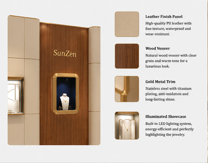 Material close-up natural wood veneer central panel, seamless block spliced cream side panels, full thin gold edge trim, low iron anti-reflection recess glass for rounded recess vitrine flanking small gem booth