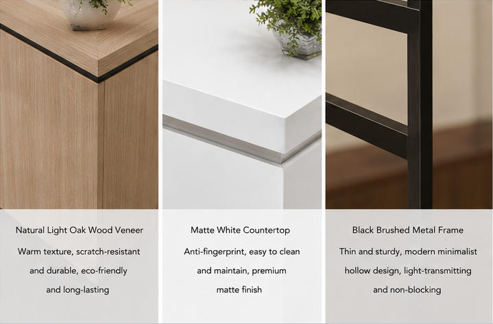 Close-up light wood wall optical cabinet white logo reception counter thin black metal partition backdrop edge