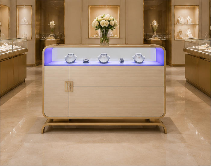 Wood grain curved base sliding door jewelry cabinet placed inside minimalist light luxury boutique wall