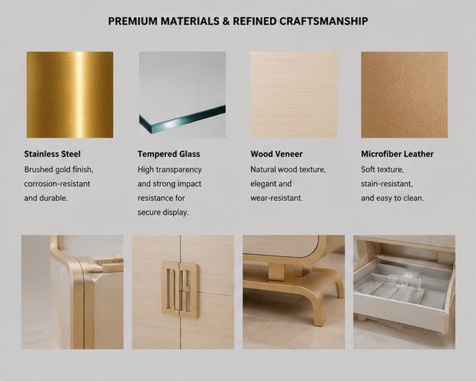 Close-up natural wood grain panel, curved metal base frame and purple side ambient light glass edge