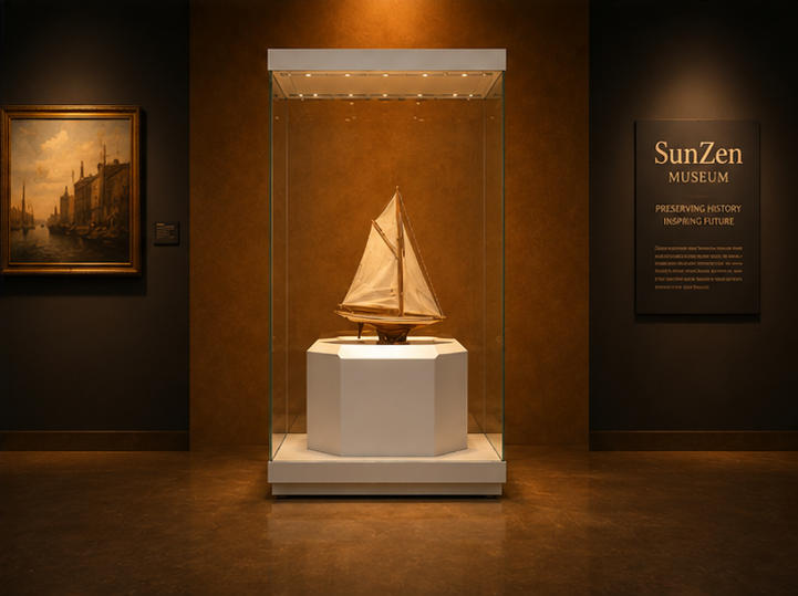 On-site render single sailboat vitrine ceiling spot marine unit yacht model heritage cabinet installed in yacht navigation culture museum exhibition hall