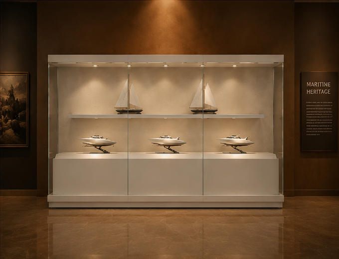 On-site render white dual-deck vitrine light grey marine unit freestanding yacht cabinet installed inside yacht culture museum