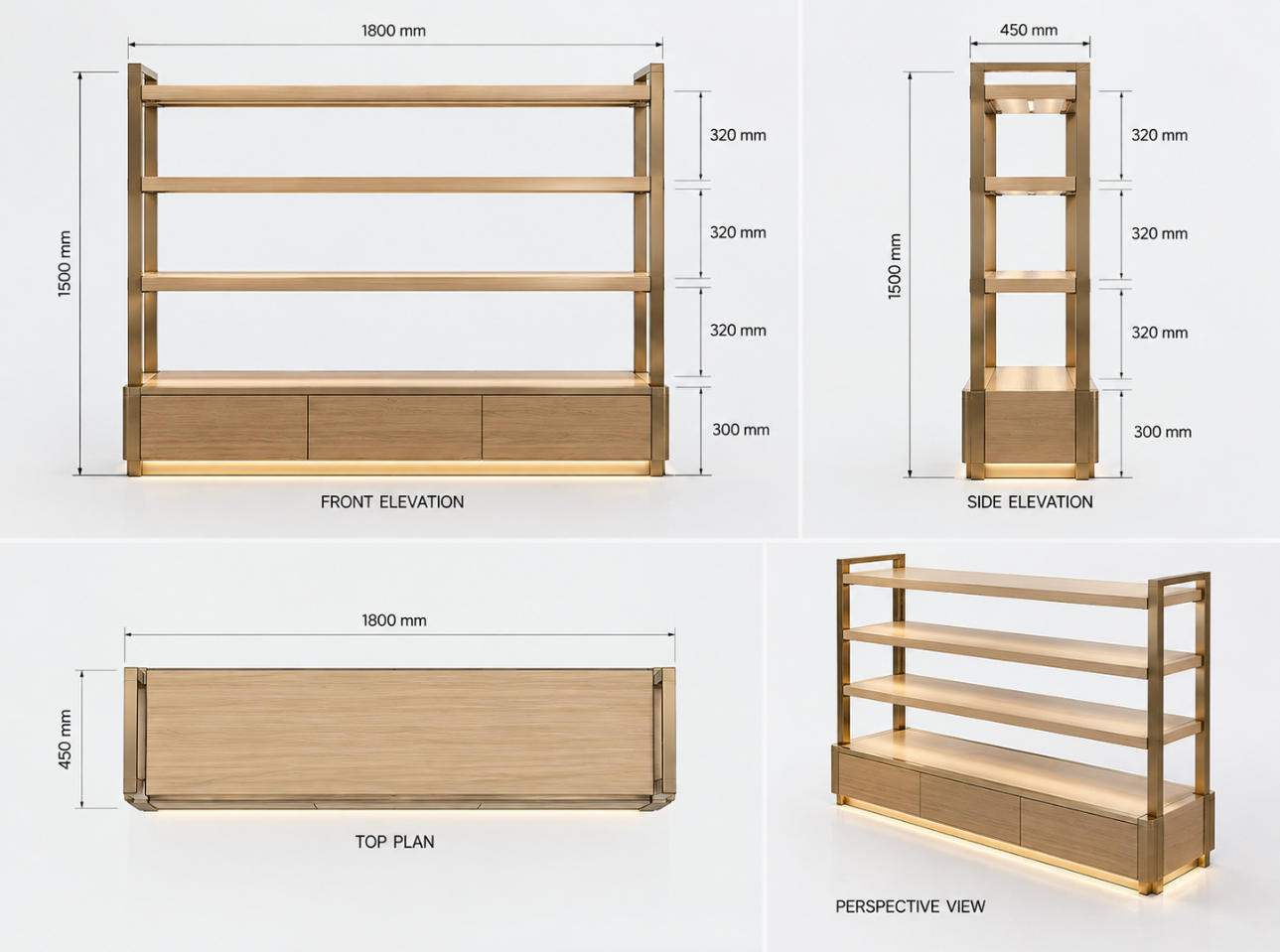 Custom apparel display shelf CAD drawing without merchandise showing front elevation, side view, top plan, shelf spacing, metal supports and dimensions