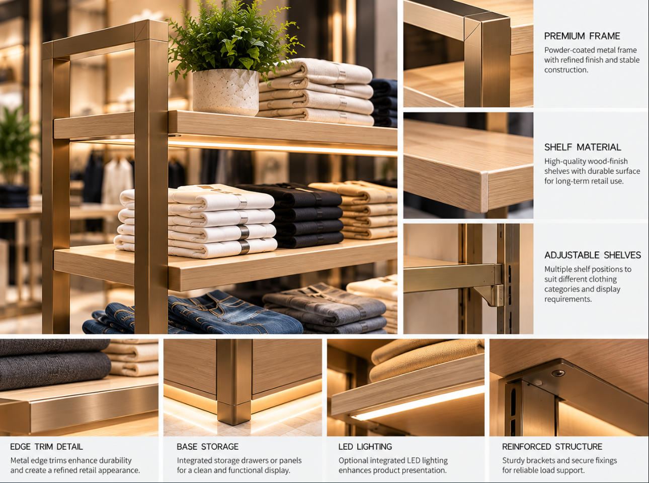 Apparel display shelf material details showing laminated wood shelves, powder-coated metal frame, reinforced brackets, edge trims and adjustable shelf supports