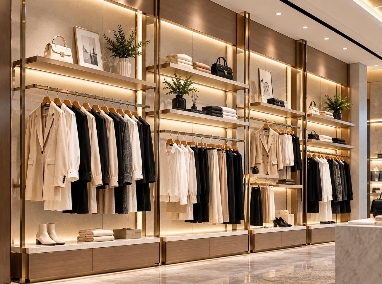Custom apparel wall display with integrated garment hanging rails, shelves and decorative wall panels