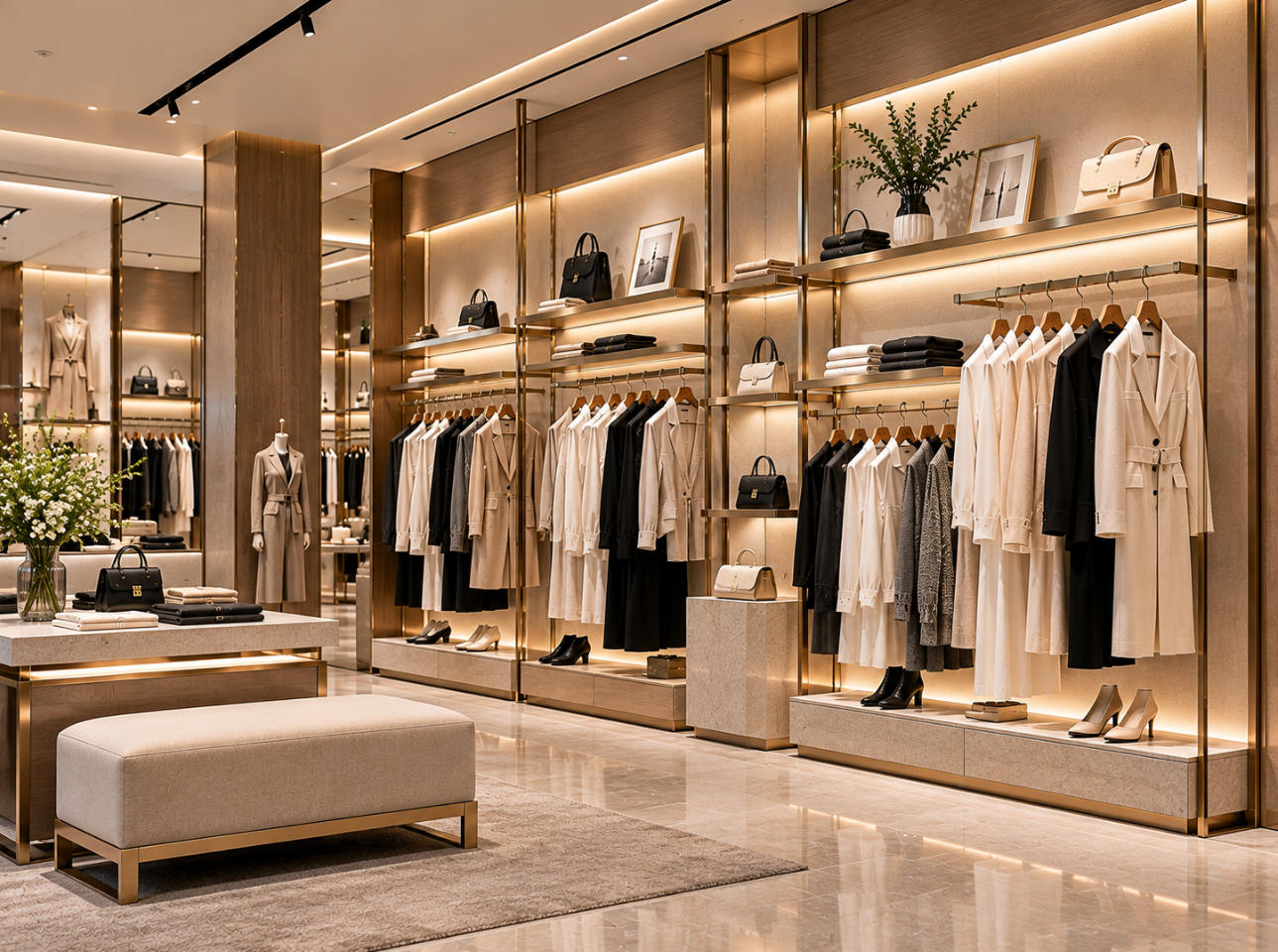 Luxury fashion boutique with custom apparel wall display systems featuring hanging clothing and integrated shelves