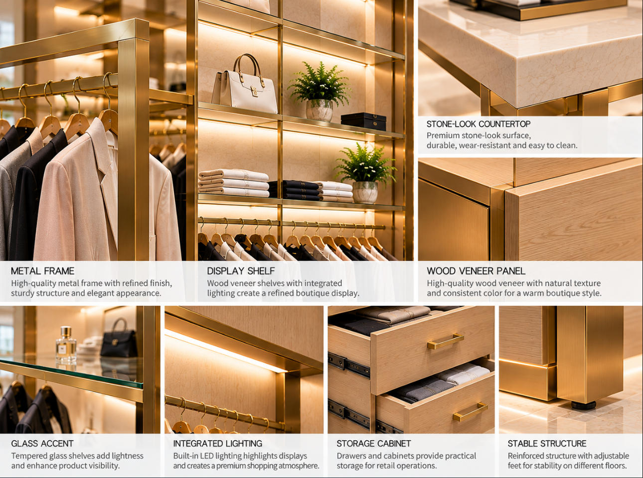 Boutique clothing fixtures material details showing decorative metal frames, wood veneer shelving, glass accents, cabinet panels and integrated LED lighting