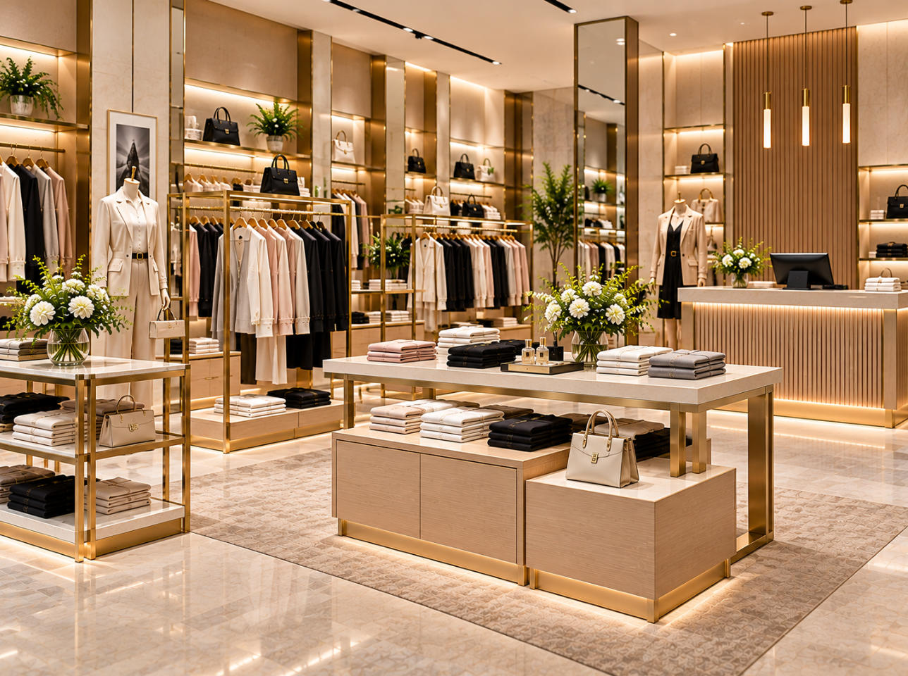 Custom boutique clothing fixtures featuring coordinated garment racks, apparel shelves, display tables and premium metal and wood finishes