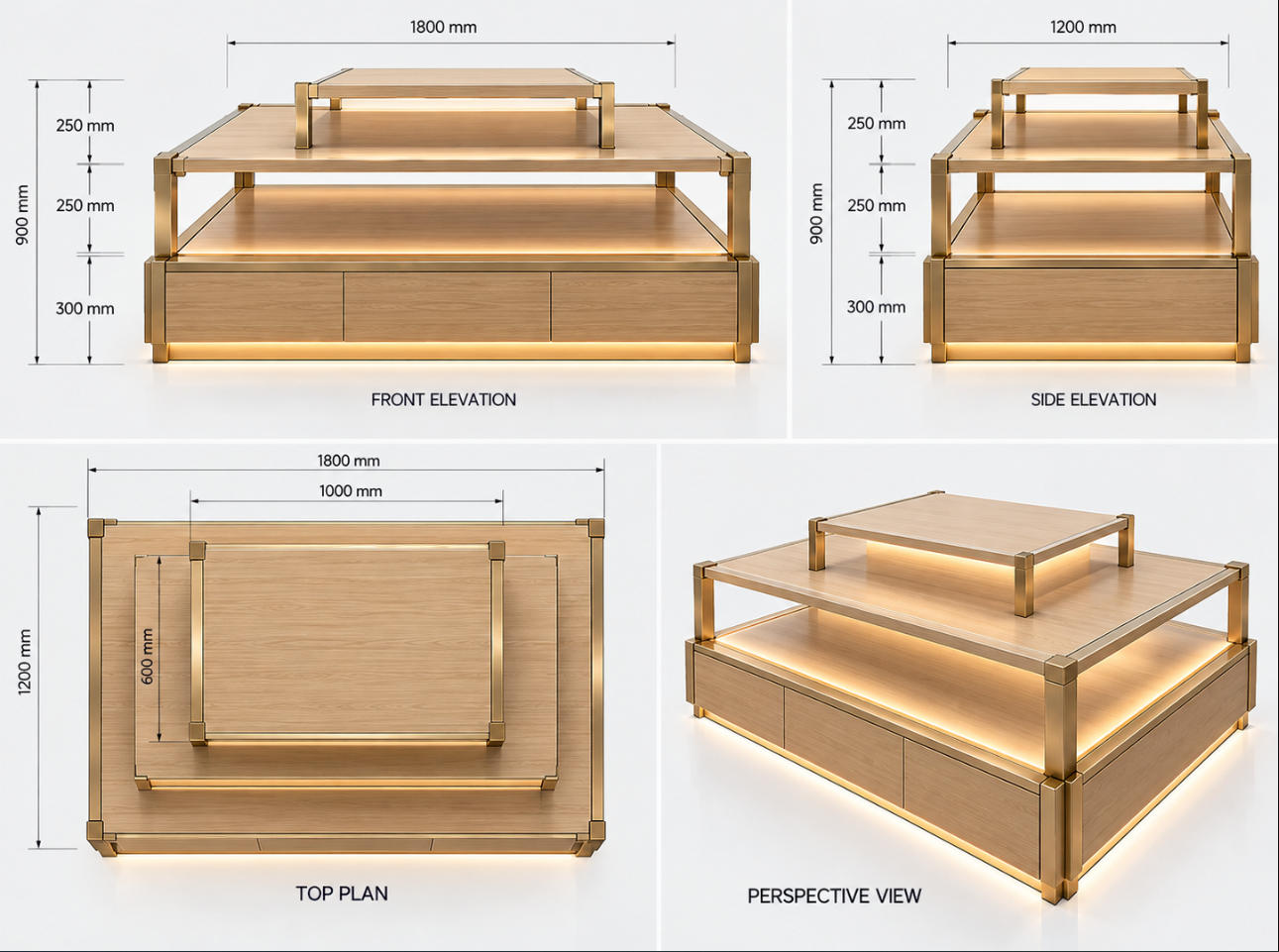 Custom clothing display island CAD drawing without merchandise showing front elevation, side elevation, top plan, display platforms and dimensions