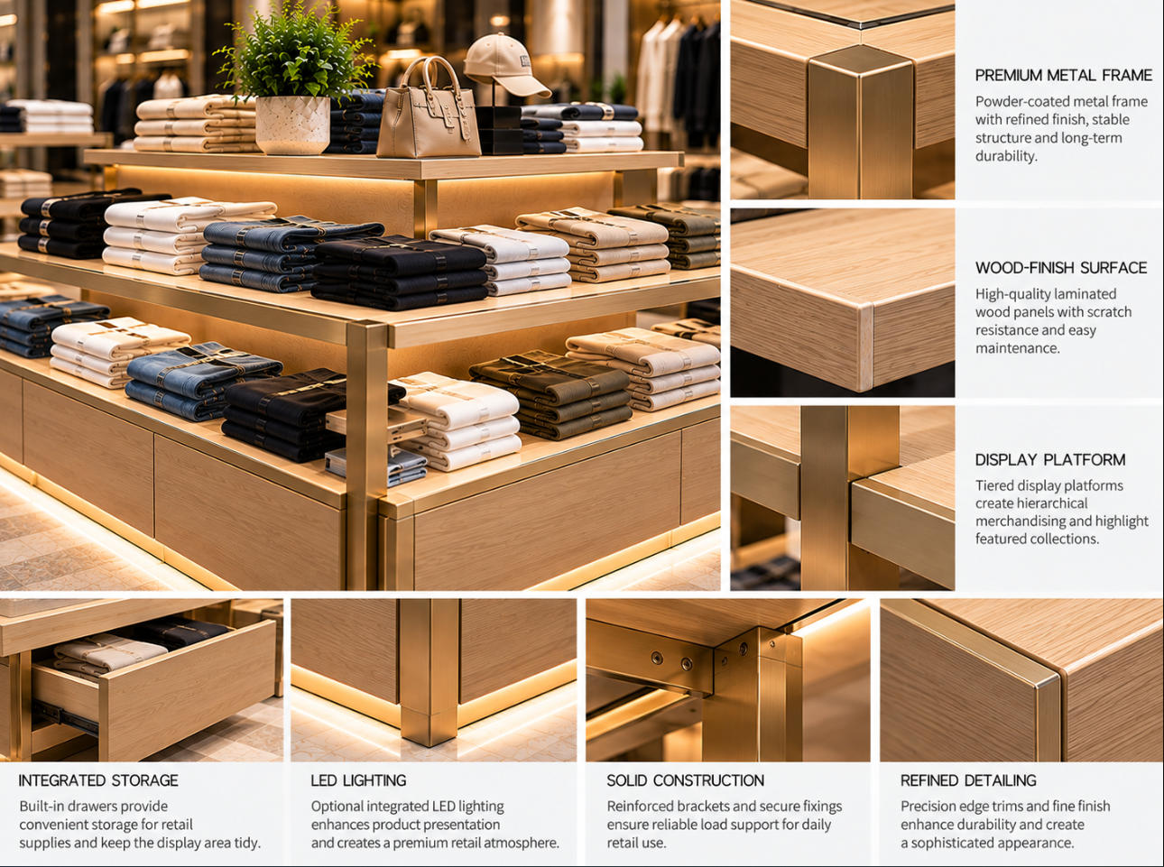Clothing display island material details showing decorative wood panels, metal frame joints, display platform edges, storage drawers and LED lighting