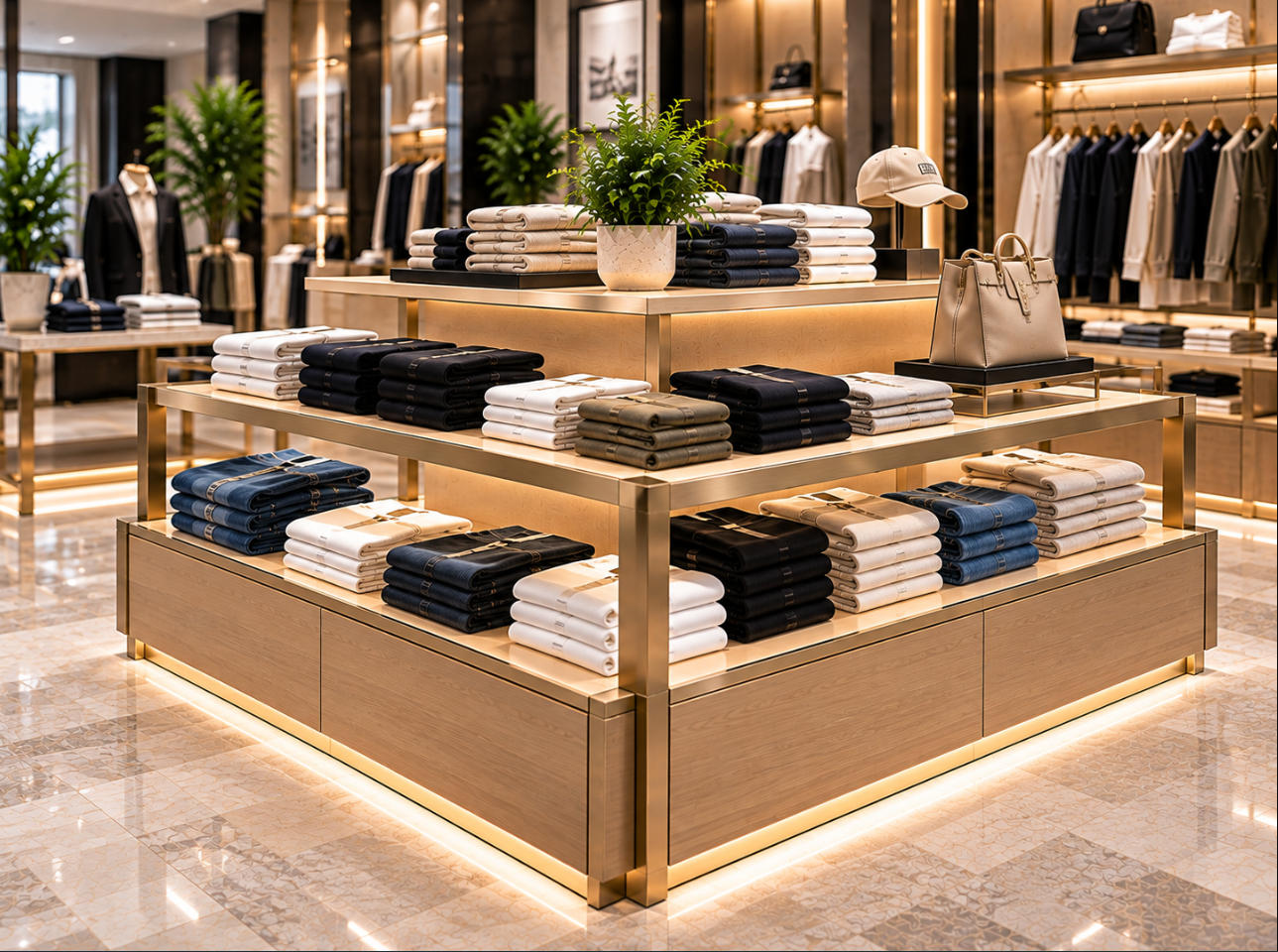 Custom clothing display island with freestanding multi-sided structure, folded apparel platforms, metal framing and premium wood finishes
