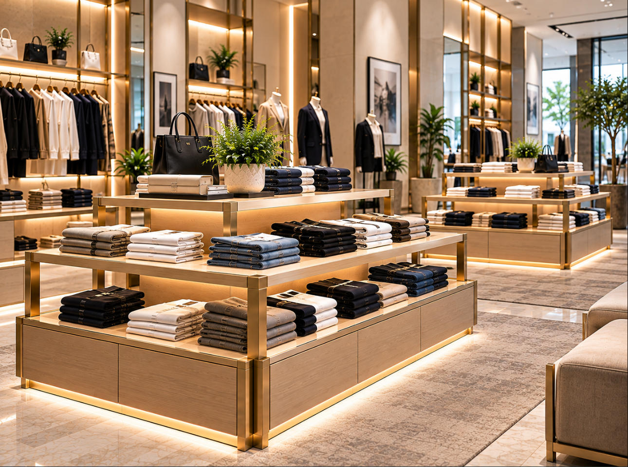 Premium fashion boutique featuring custom clothing display islands with folded apparel, multi-sided merchandising platforms and coordinated retail interiors