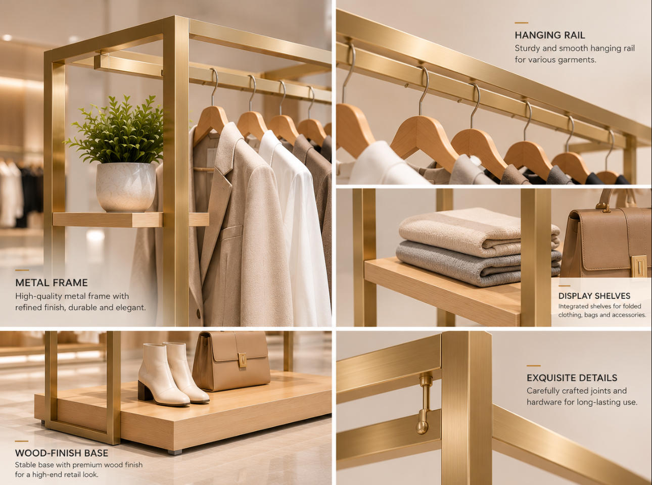 Clothing display rack material details showing gold-tone metal frame, garment rail, wooden shelving and base construction