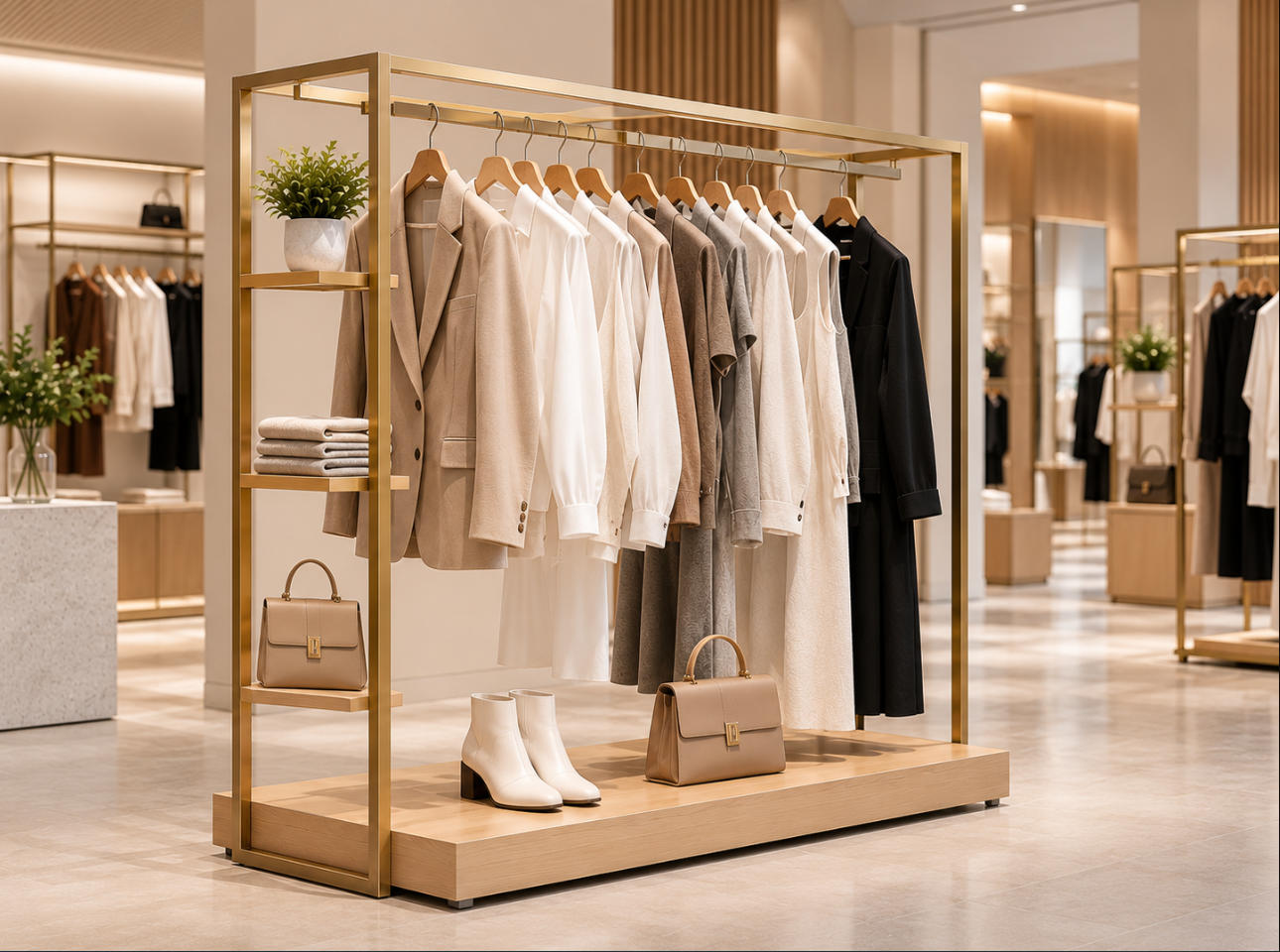 Custom clothing display rack with gold-tone metal frame, wooden base and integrated garment shelving